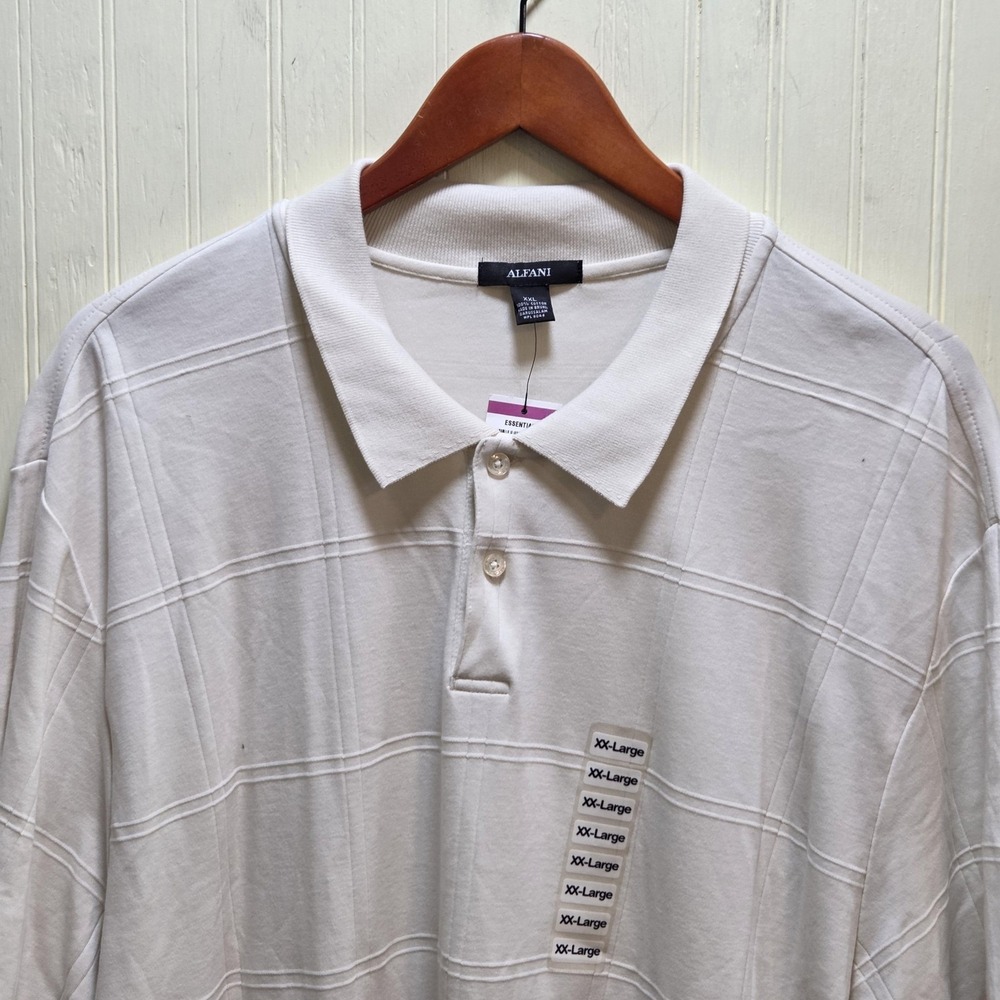 Alfani Polo Shirt Mens 2XL White Check 100% Cotton Knit Short Sleeve Top